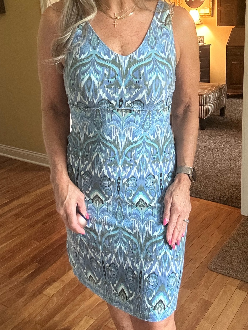 Athleta Blue and Green Patterned Sleeveless V-Neck Mini Dress